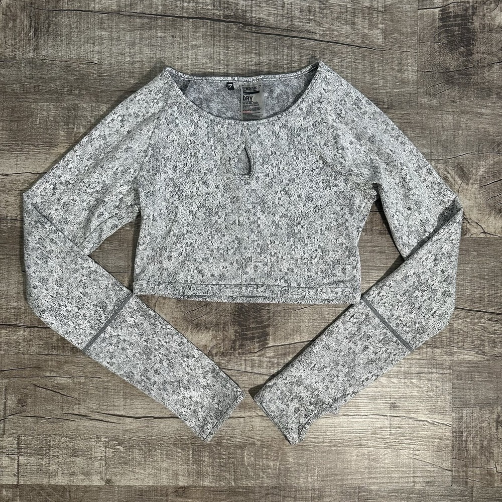 Gymshark Fleur Texture Long Sleeve Crop‎ Top Womens S Gray Marl Workout Gym